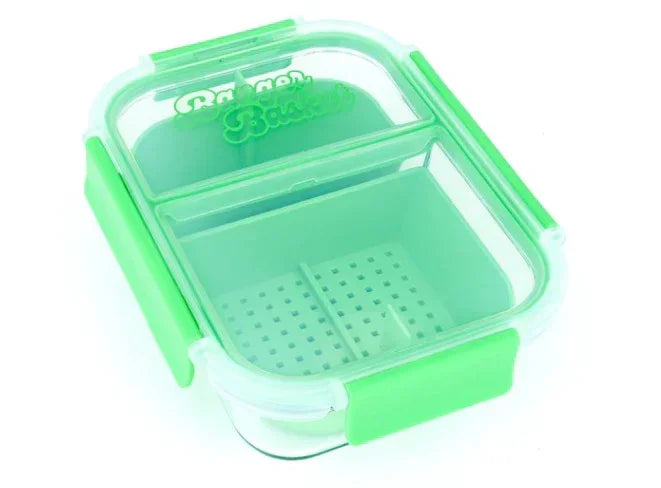 Green and clear Badger Basket stash container with divided compartments and airtight lid