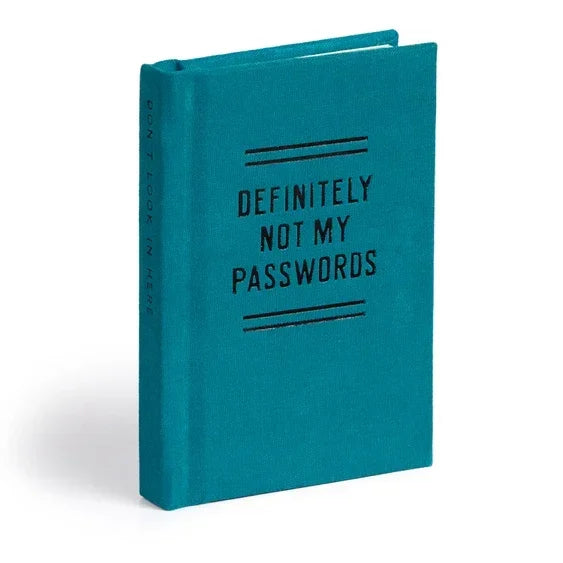 Teal password notebook with 'Definitely Not My Passwords' printed on the cover, novelty gift