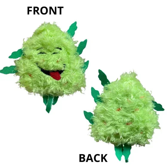 Fuzzy green plush toy with smiling face, leaf accents, shown front and back