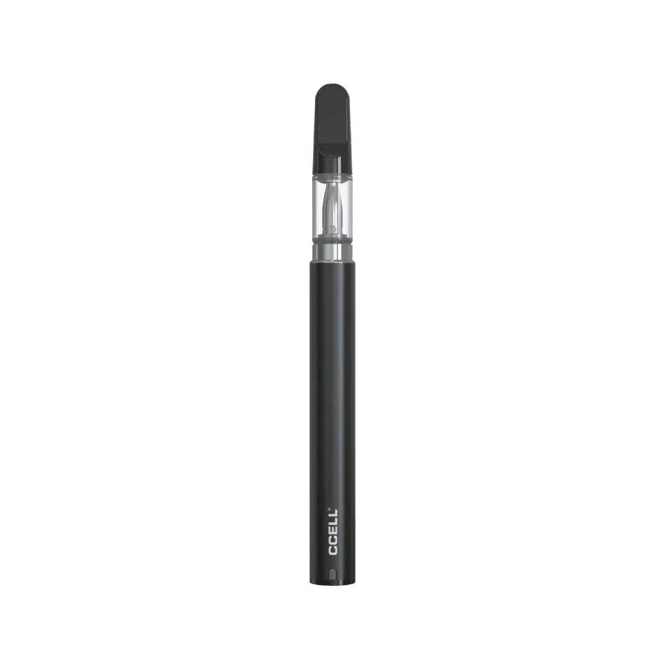 Black CCELL vape pen with clear cartridge and mouthpiece on white background