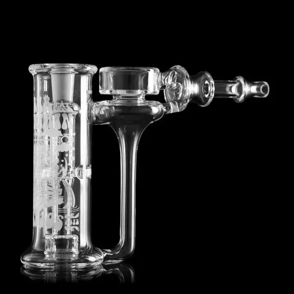 Clear glass hammer recycler pipe with intricate etched design on a black background
