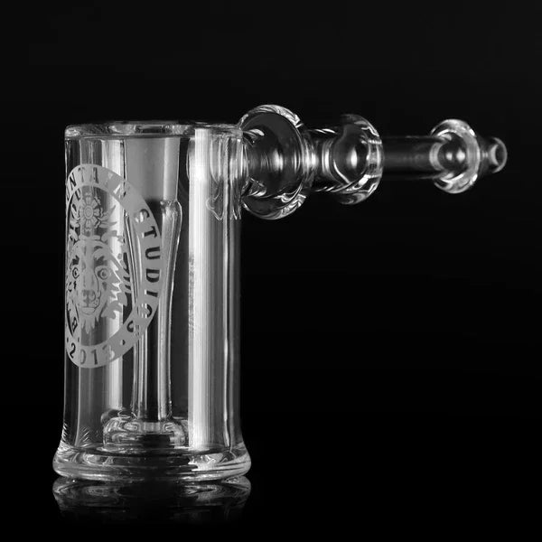 Clear glass 14mm terp hammer with intricate handle and etched logo on black background