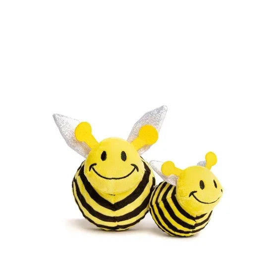 Two smiling bee plush toys with yellow and black stripes and silver wings