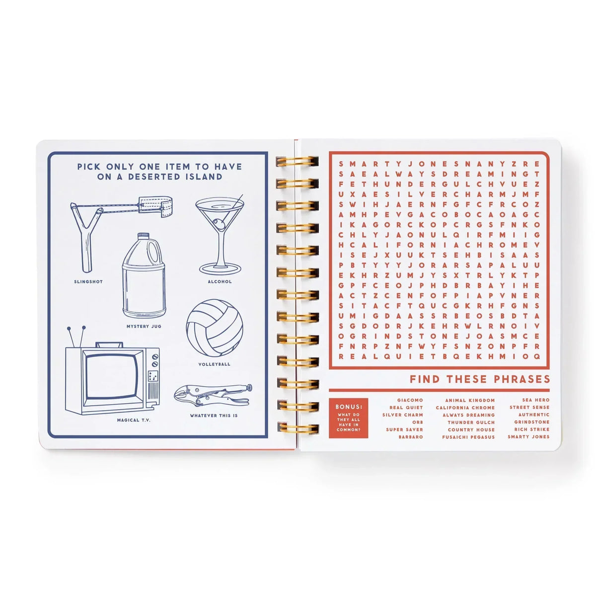 Open activity book showing illustrated deserted island choices and a word search puzzle.