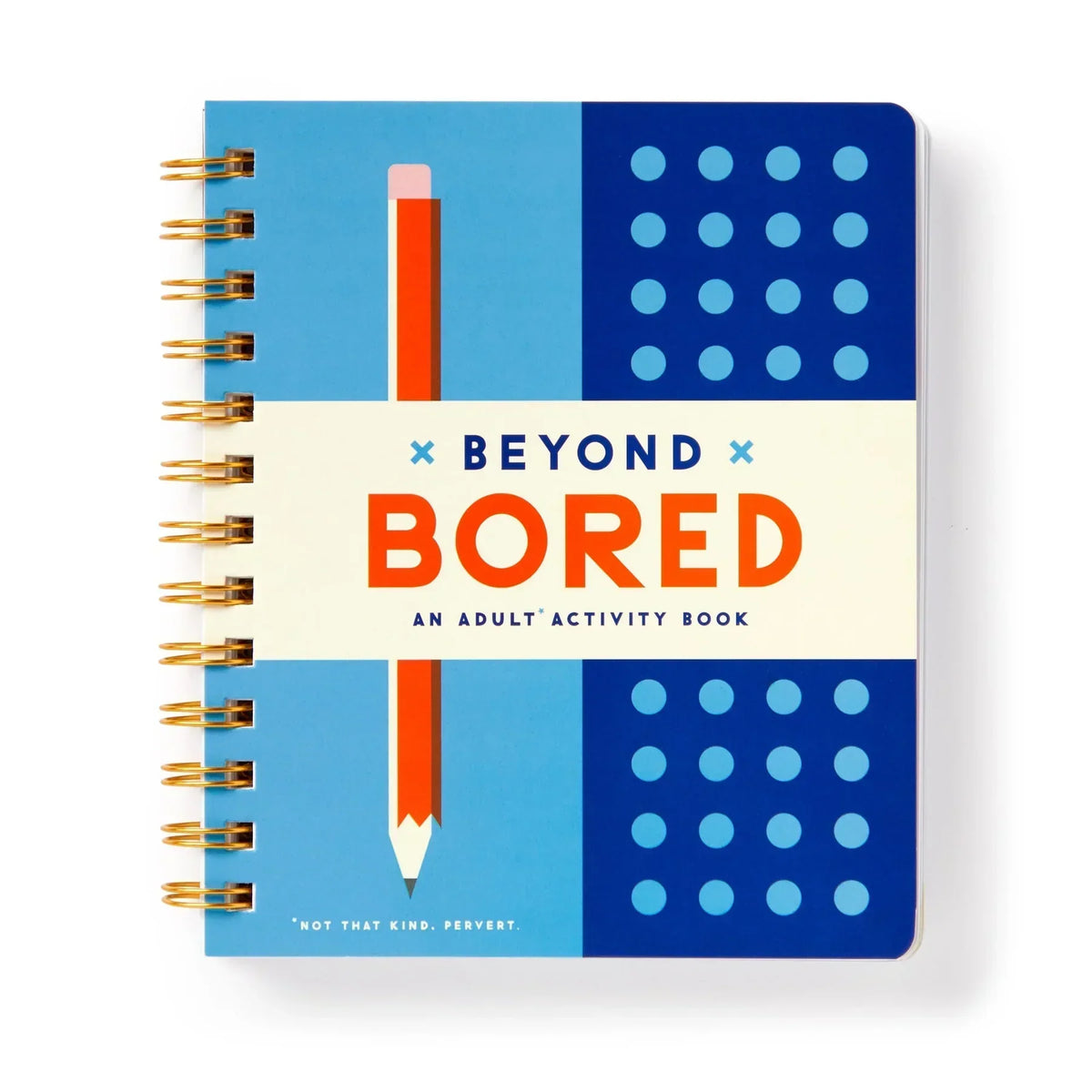Beyond Bored adult activity book with spiral binding and colorful blue cover design