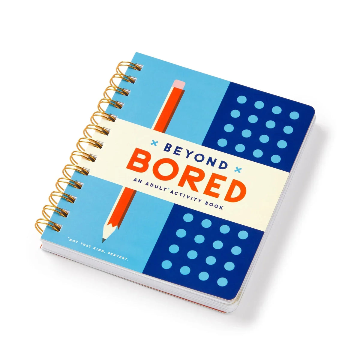 Spiral-bound Beyond Bored adult activity book with blue and orange cover design
