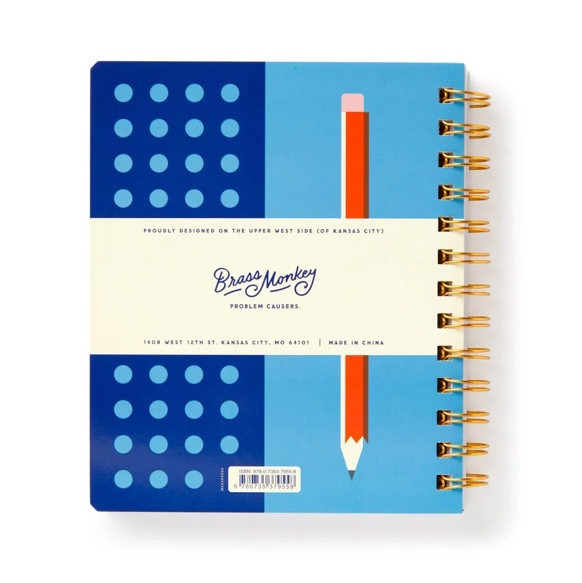 Spiral-bound activity book with blue cover, dot pattern, and pencil illustration.
