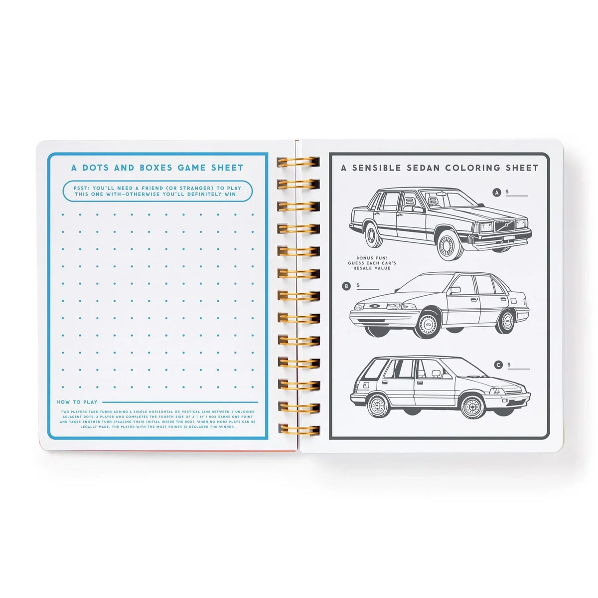Open activity book showing a dots and boxes game sheet and sedan car coloring page.