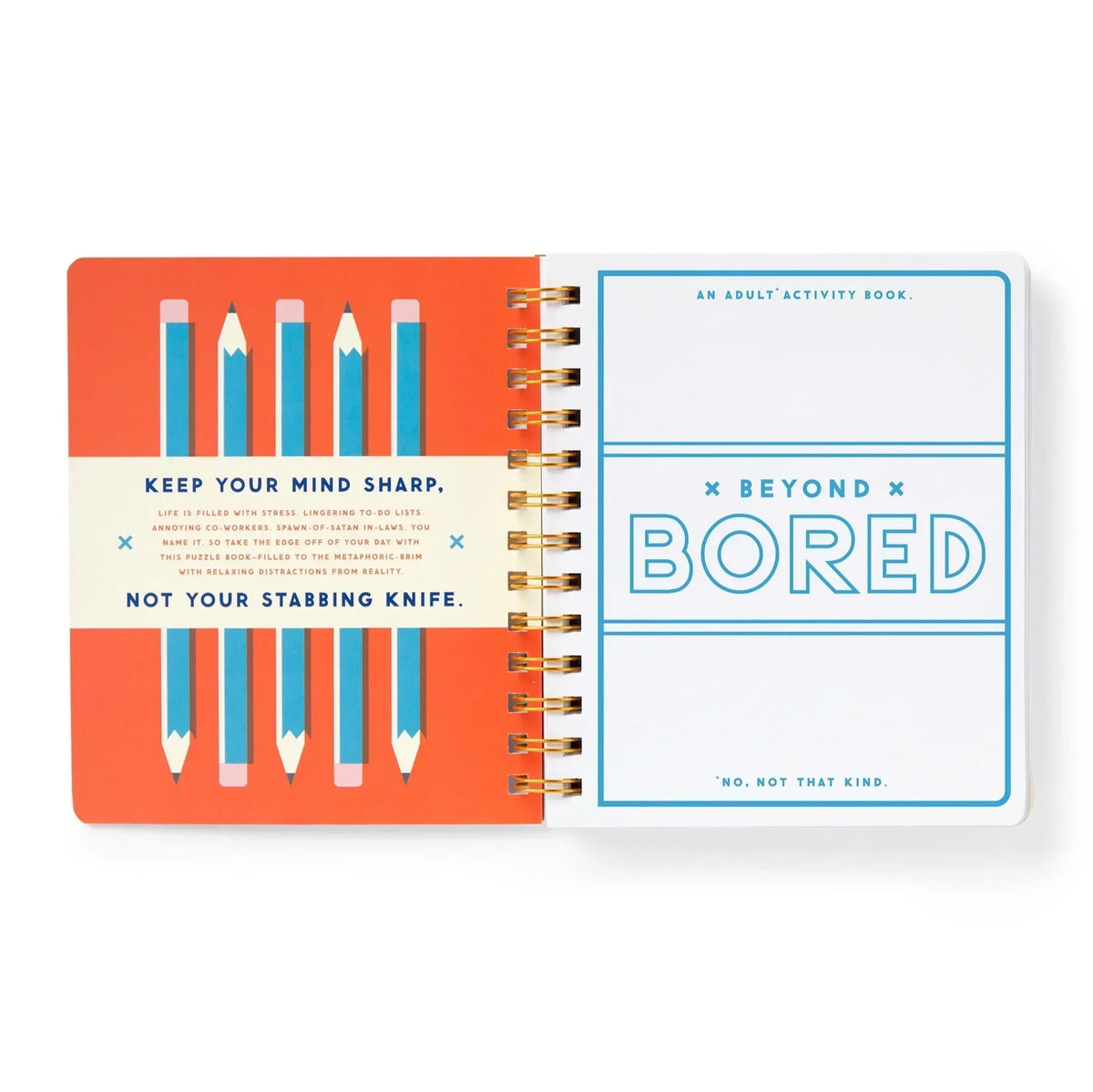 Beyond Bored adult activity book open to title and pencil-themed intro pages