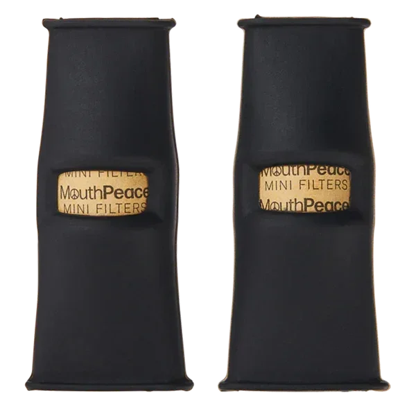 Black silicone joint and vape mouthpiece filters with visible MouthPeace mini filter inserts