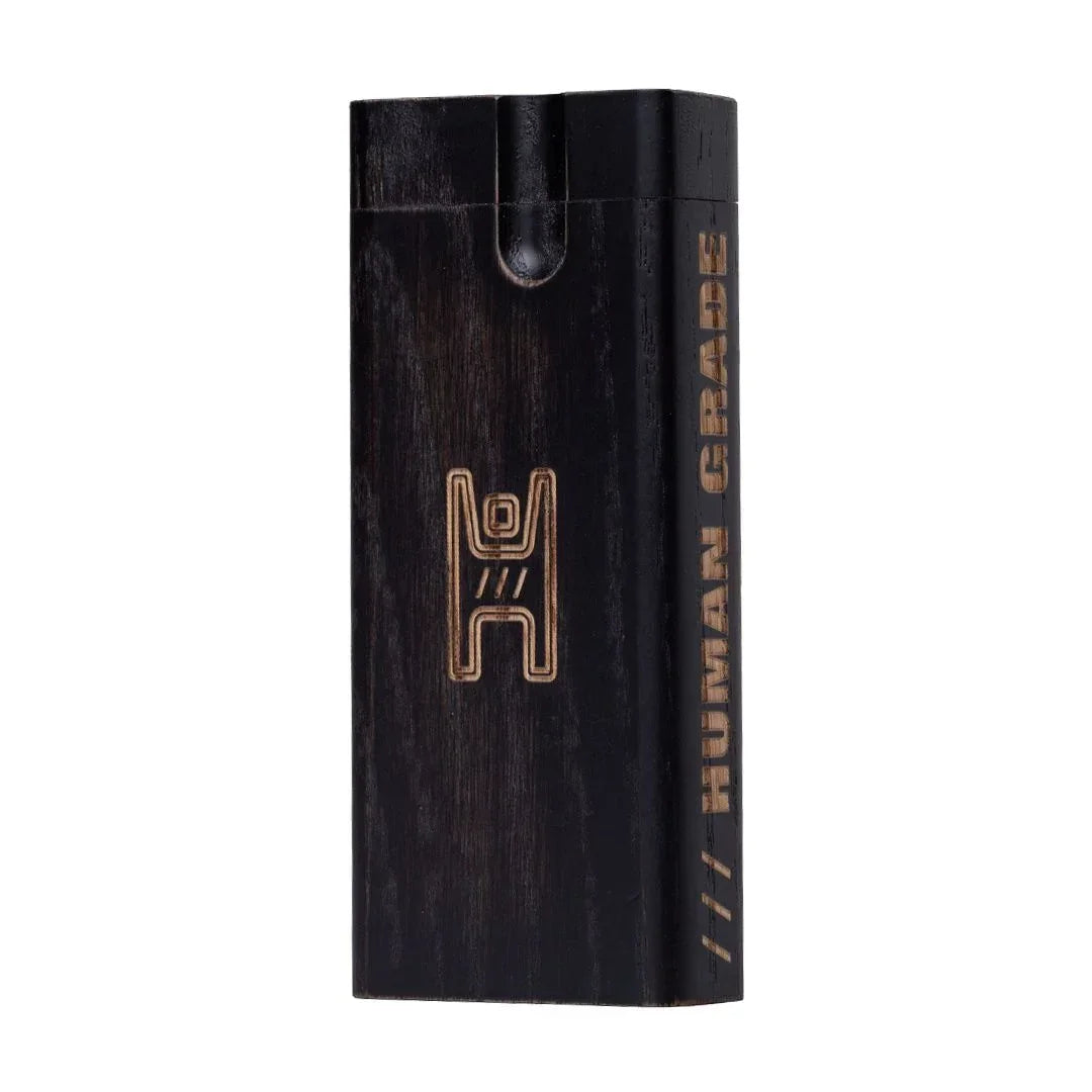 Black wooden dugout box with engraved logo and 'HUMAN GRADE' text on the side