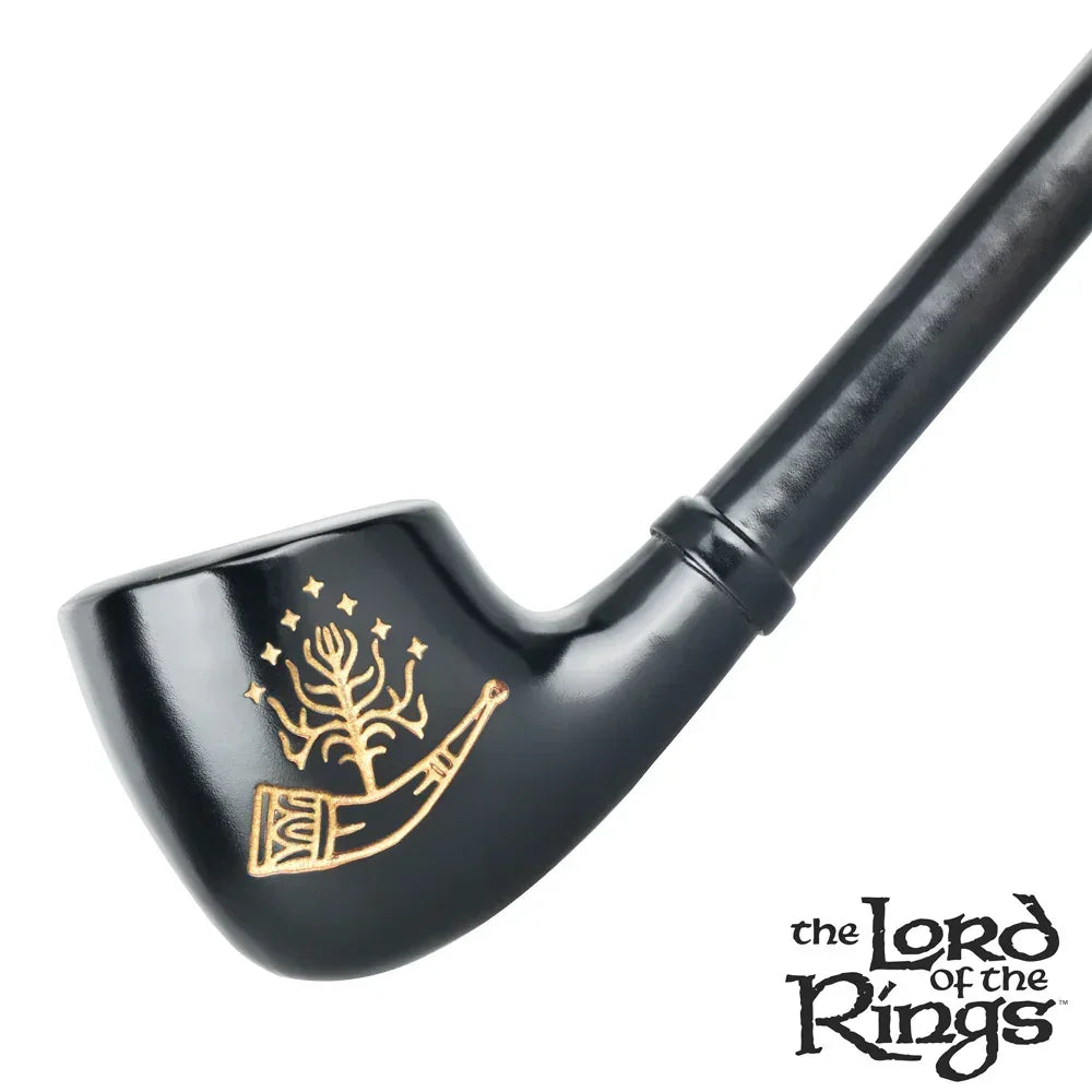 Black pipe with gold Lord of the Rings tree and horn design, closeup view