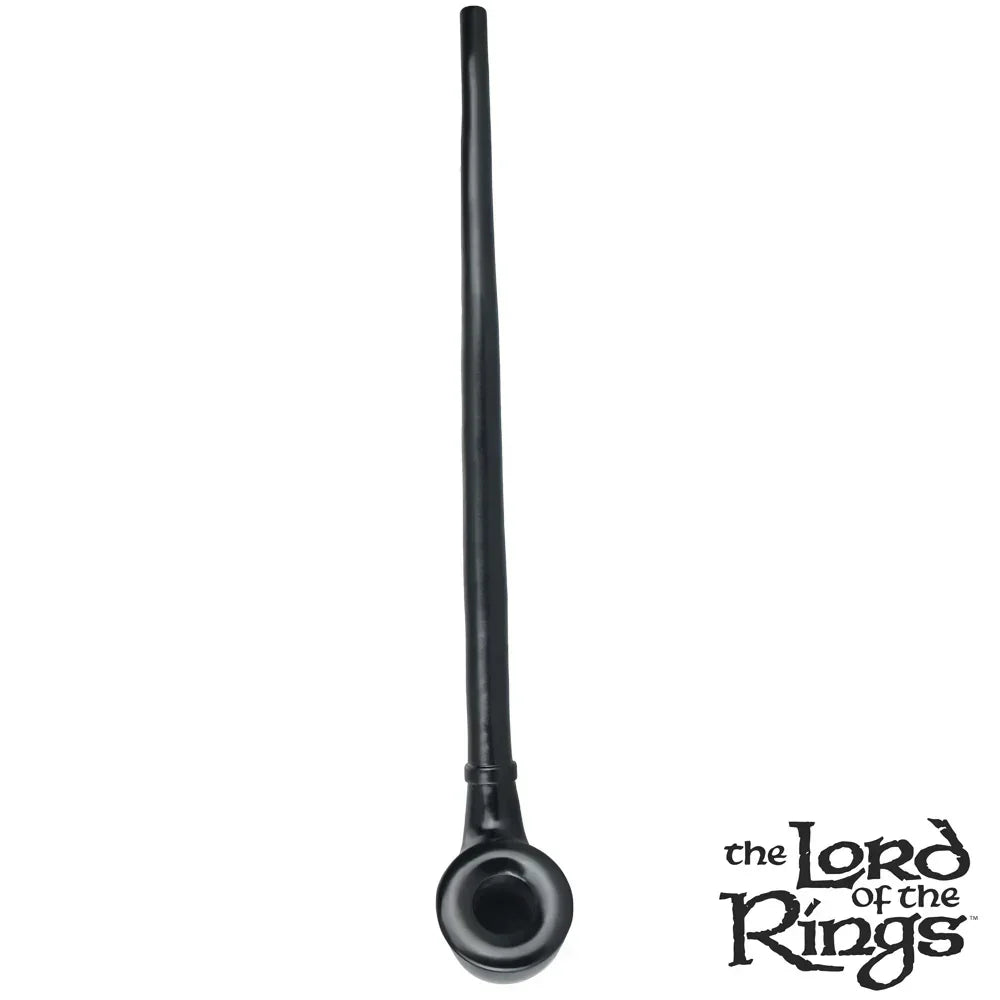 Top view of a long black Boromir pipe with Lord of the Rings logo on white background