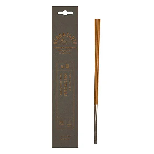 Herb & Earth patchouli bamboo incense sticks with brown packaging, 20 count