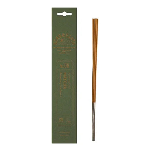 Green box of Herb & Earth Matcha incense sticks with incense sticks beside packaging
