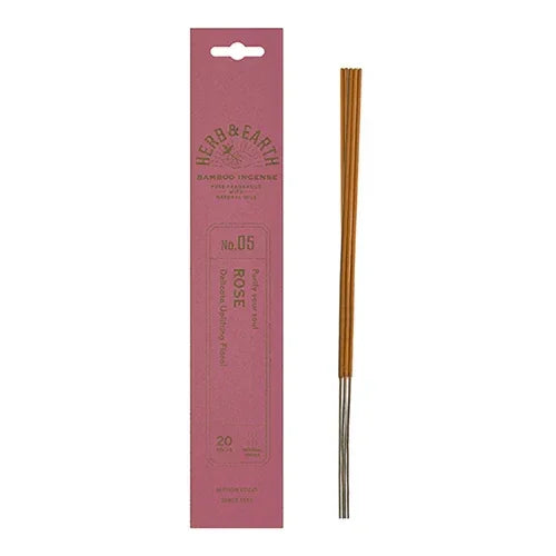 Herb & Earth rose bamboo incense sticks and pink packaging