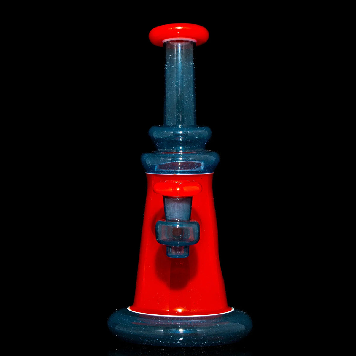 Red and blue glass water pipe with modern design on black background