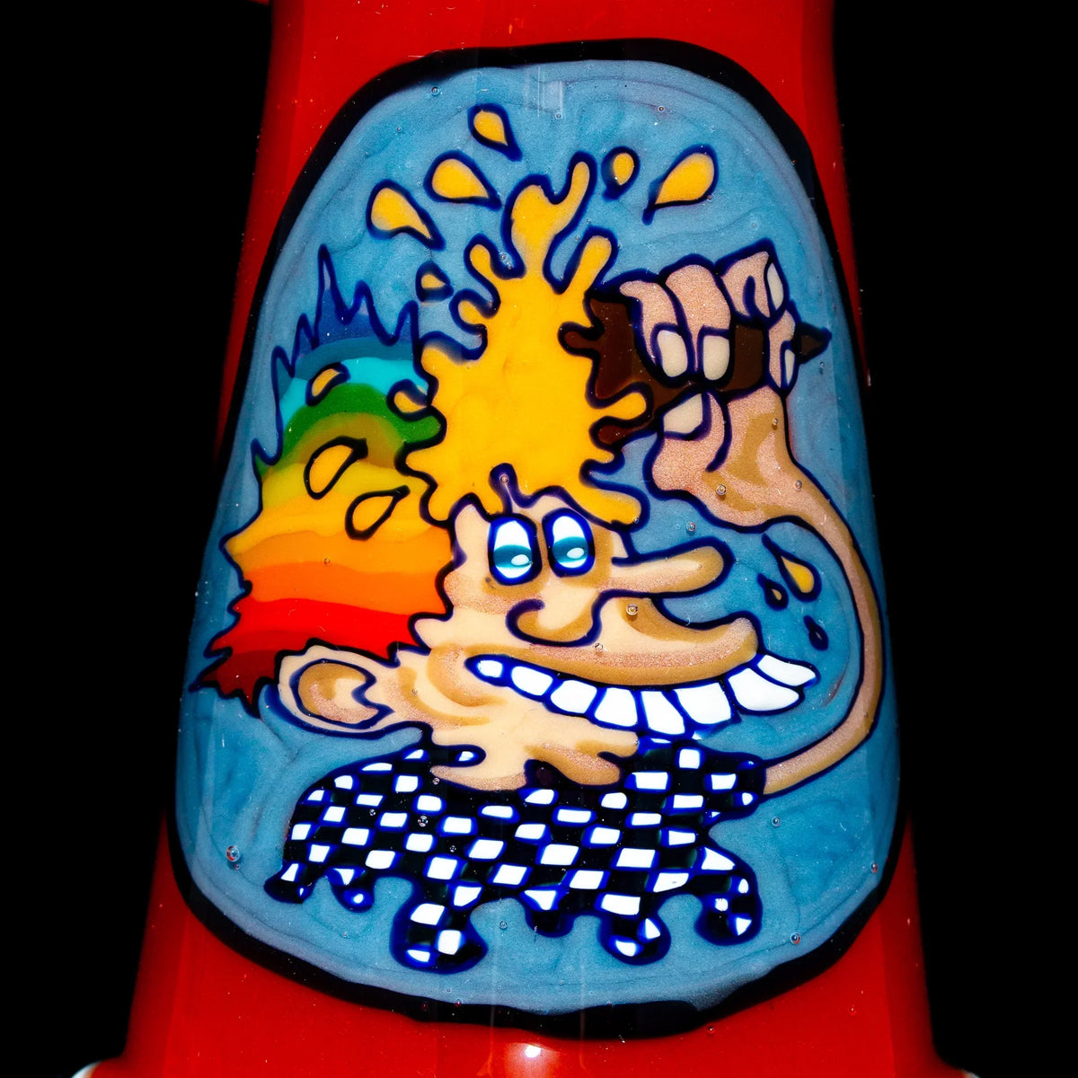 Colorful glass art featuring a cartoon character with rainbow hair and checkered shirt
