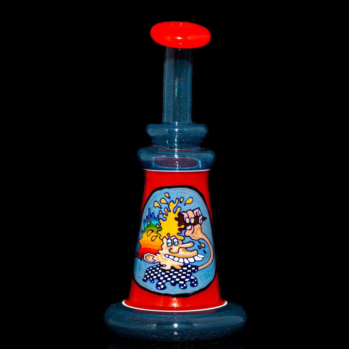 Colorful glass water pipe with cartoon face design, red and blue accents, on black background