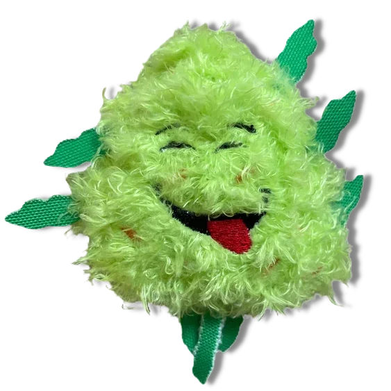 plush green bud-shaped patch with a smiling face and playful tongue