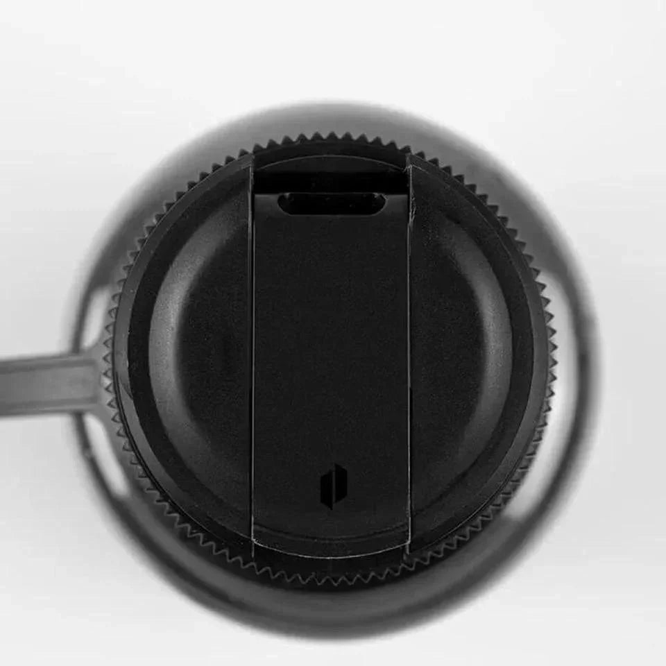 Top view of a black water pipe lid with a handle and a geometric logo.