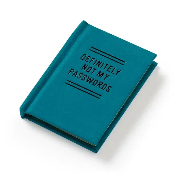 Teal password book with 'Definitely Not My Passwords' printed on the cover, novelty accessory.