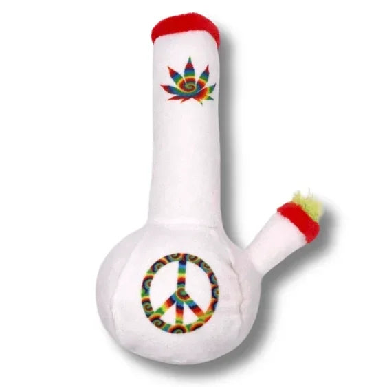 White plush bong toy with rainbow peace sign and spiral leaf design, red accents