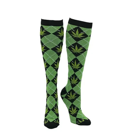 Green argyle knee-high socks with leaf pattern, novelty stoner accessory