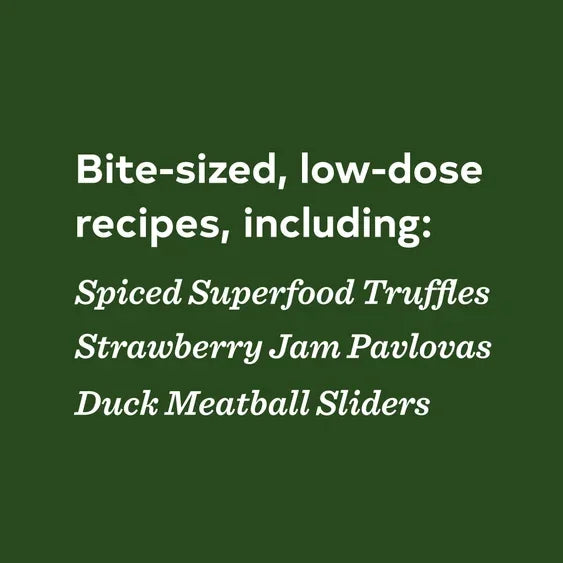 Green background with text listing bite-sized recipes: Spiced Superfood Truffles, Strawberry Jam Pavlovas, Duck Meatball Sliders.