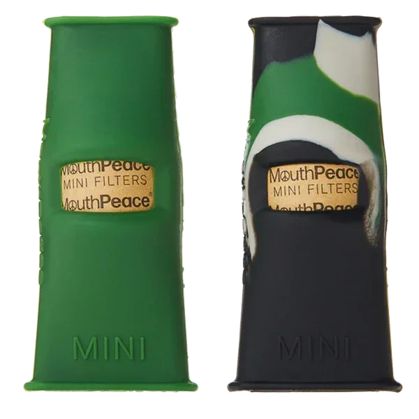 Green and camo MouthPeace mini silicone joint and vape filters with visible mini filters