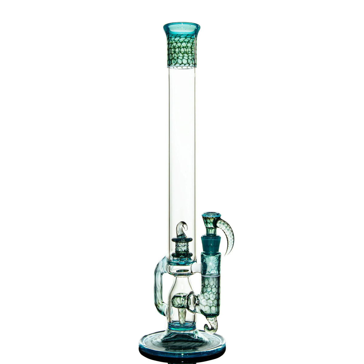 Artistic glass water pipe with textured blue-green accents on a white background