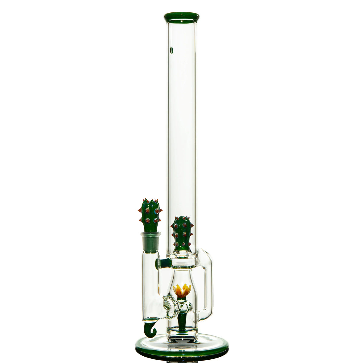 Glass water pipe with cactus and flower accents, clear and green, on white background