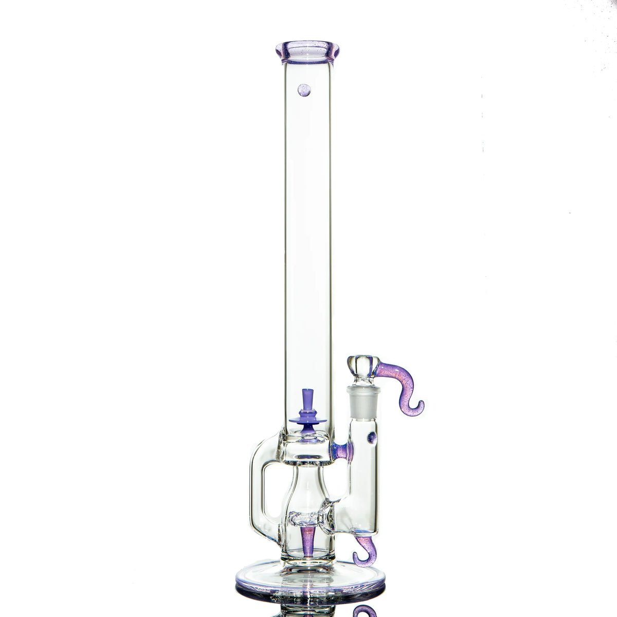Clear glass water pipe with purple accents, unique handle and hook design, on white background