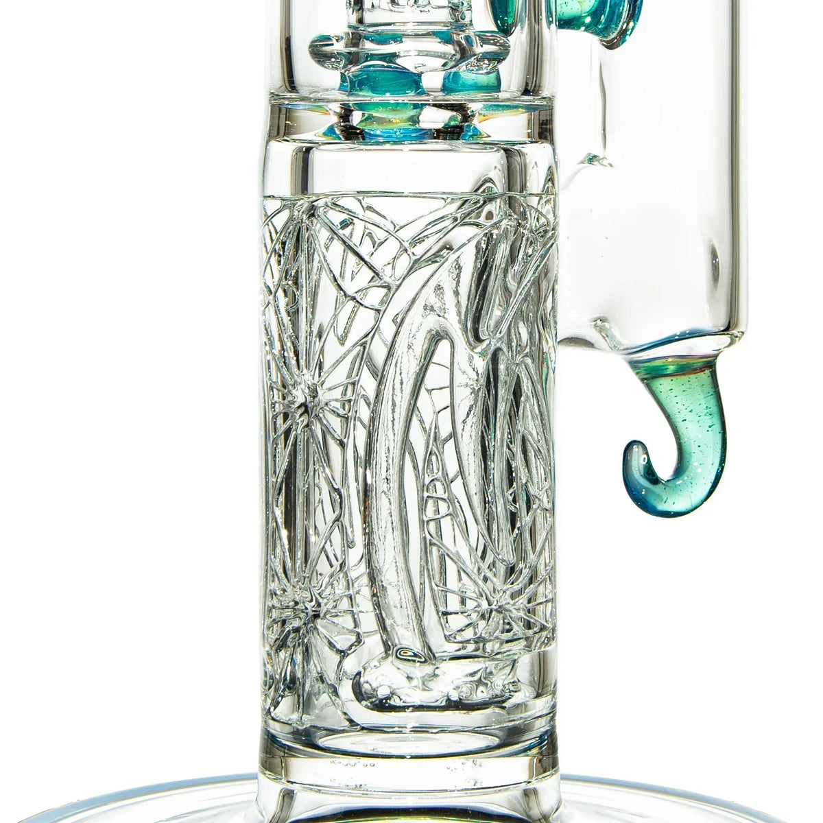 Detailed close-up of intricate heady glass water pipe with blue accents and artistic design