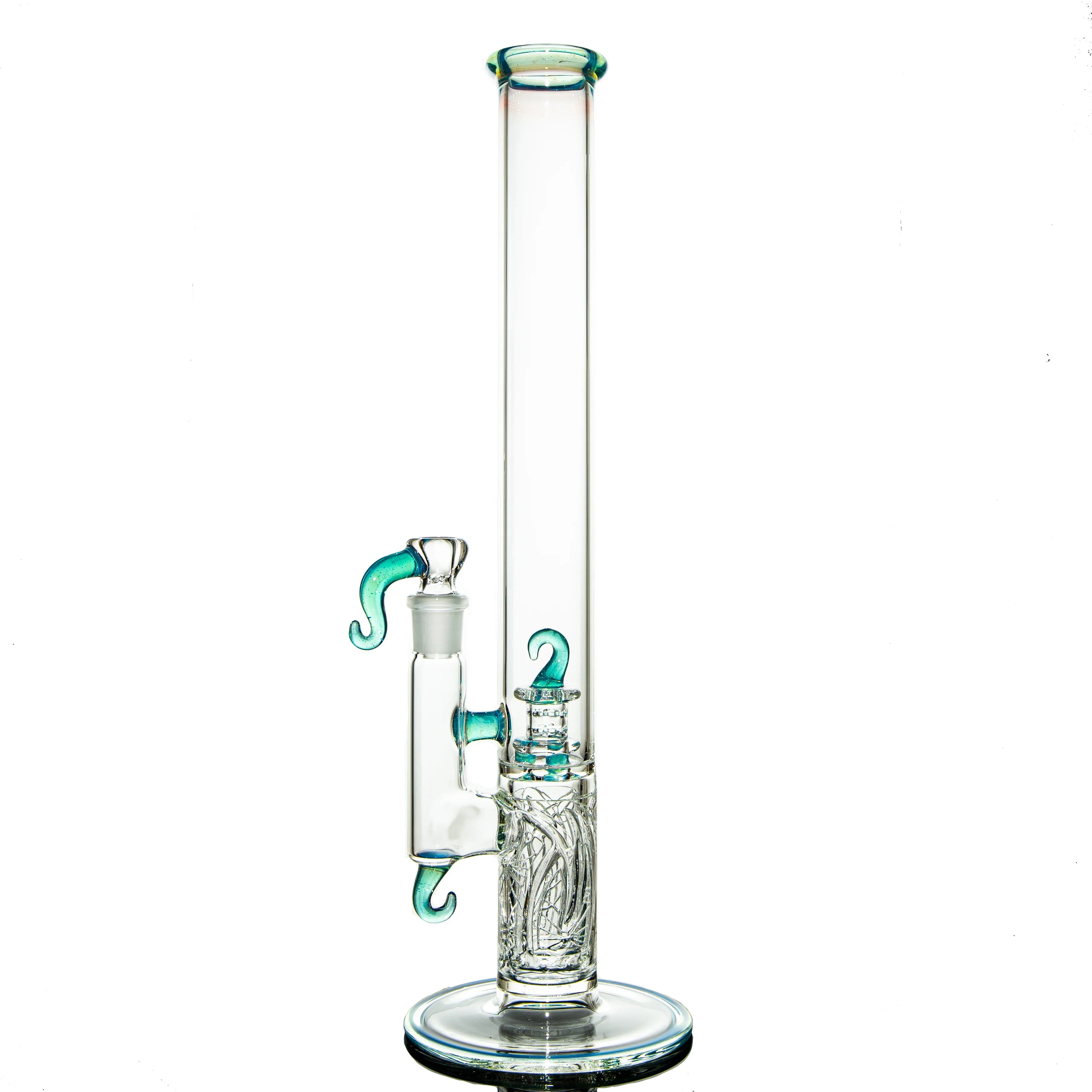 Clear glass water pipe with teal accents and intricate spiral design on base, isolated on white background.