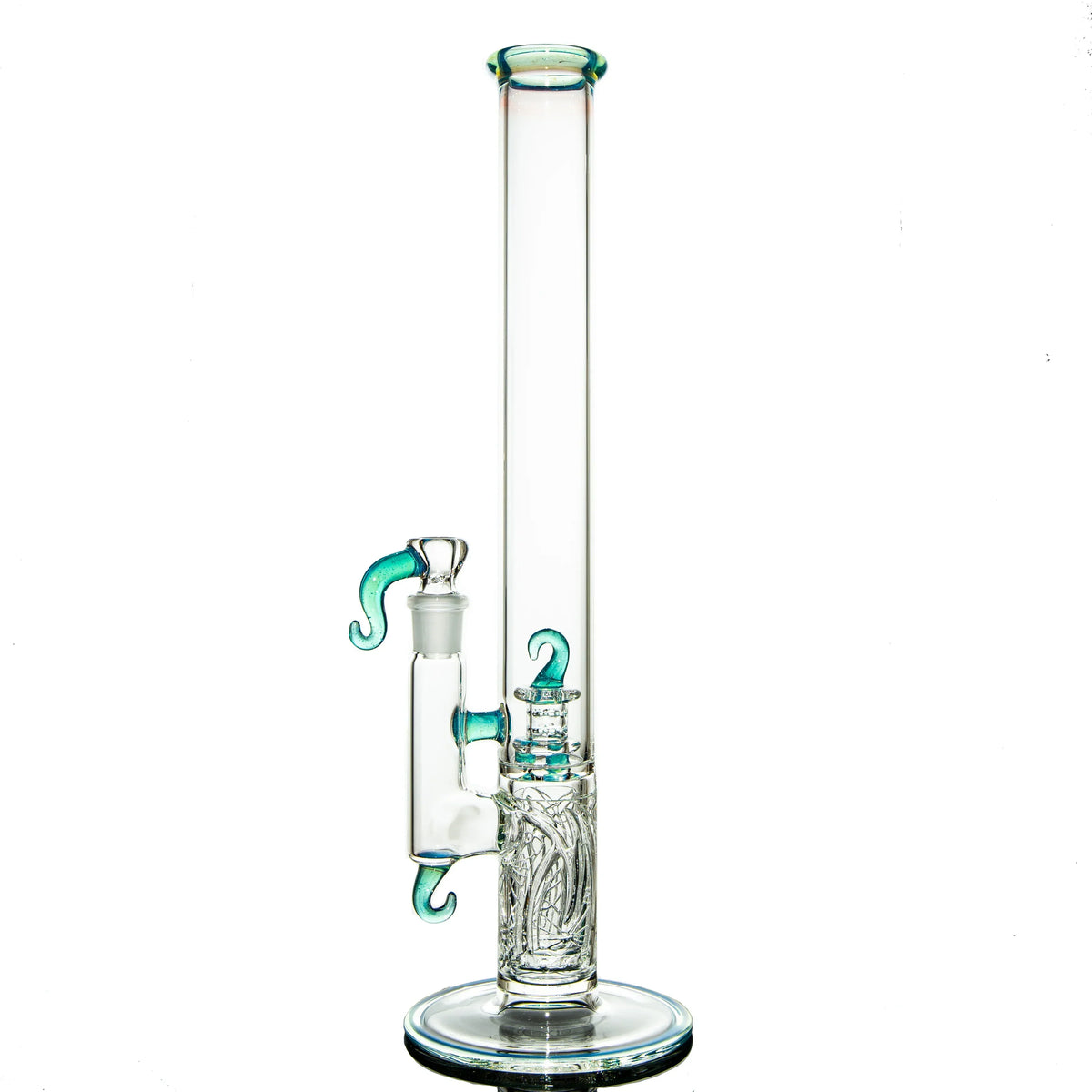 Clear glass water pipe with teal accents and intricate spiral design on base, isolated on white background.