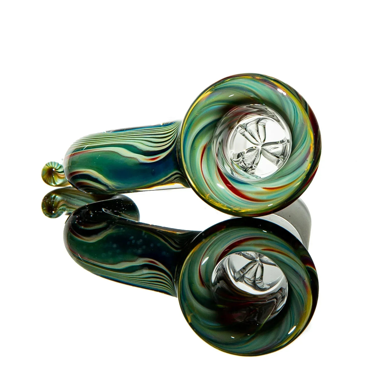 Colorful hand-blown glass pipe with swirling patterns and glass screen bowl on white background