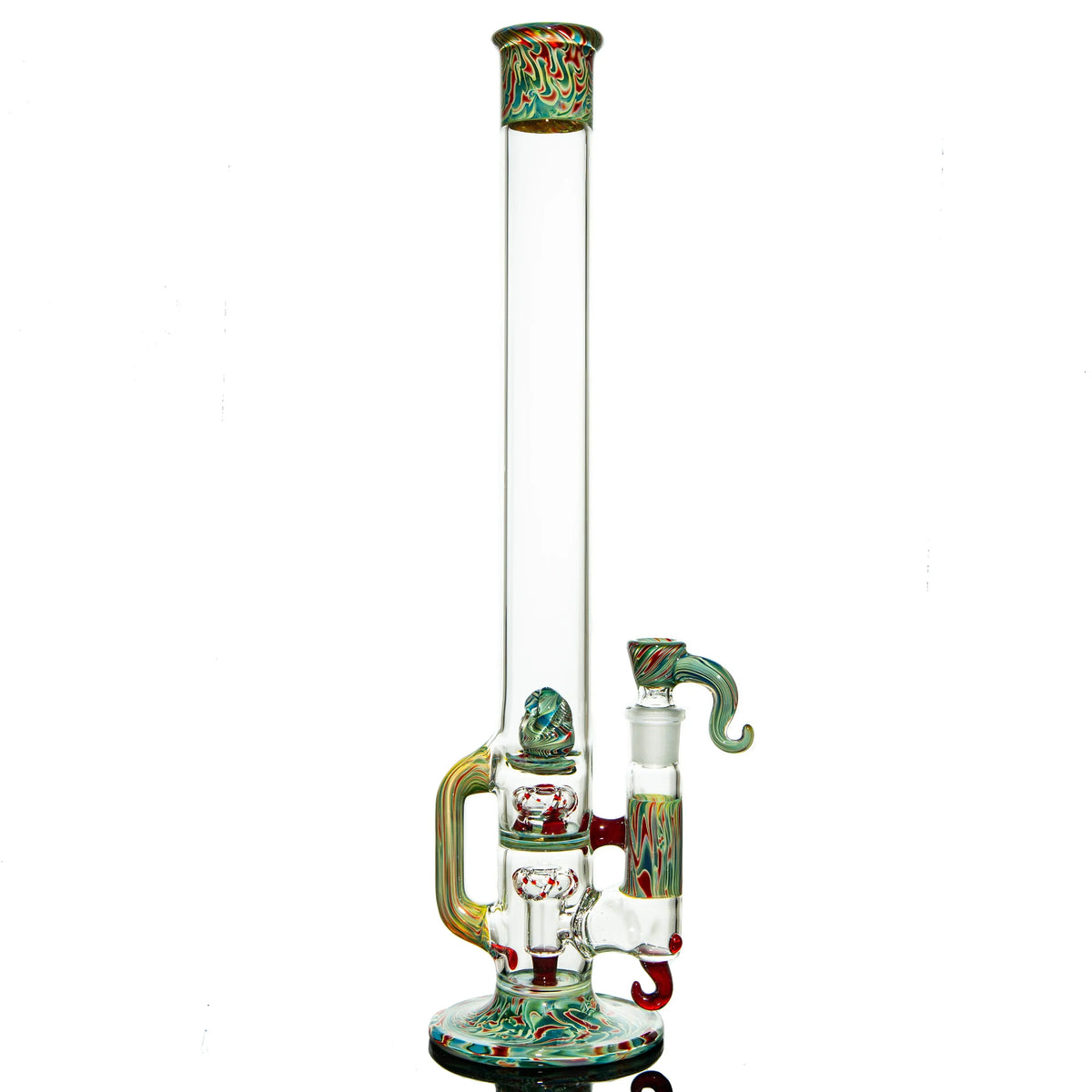 Heady glass bong with colorful swirled accents and intricate glasswork on a white background