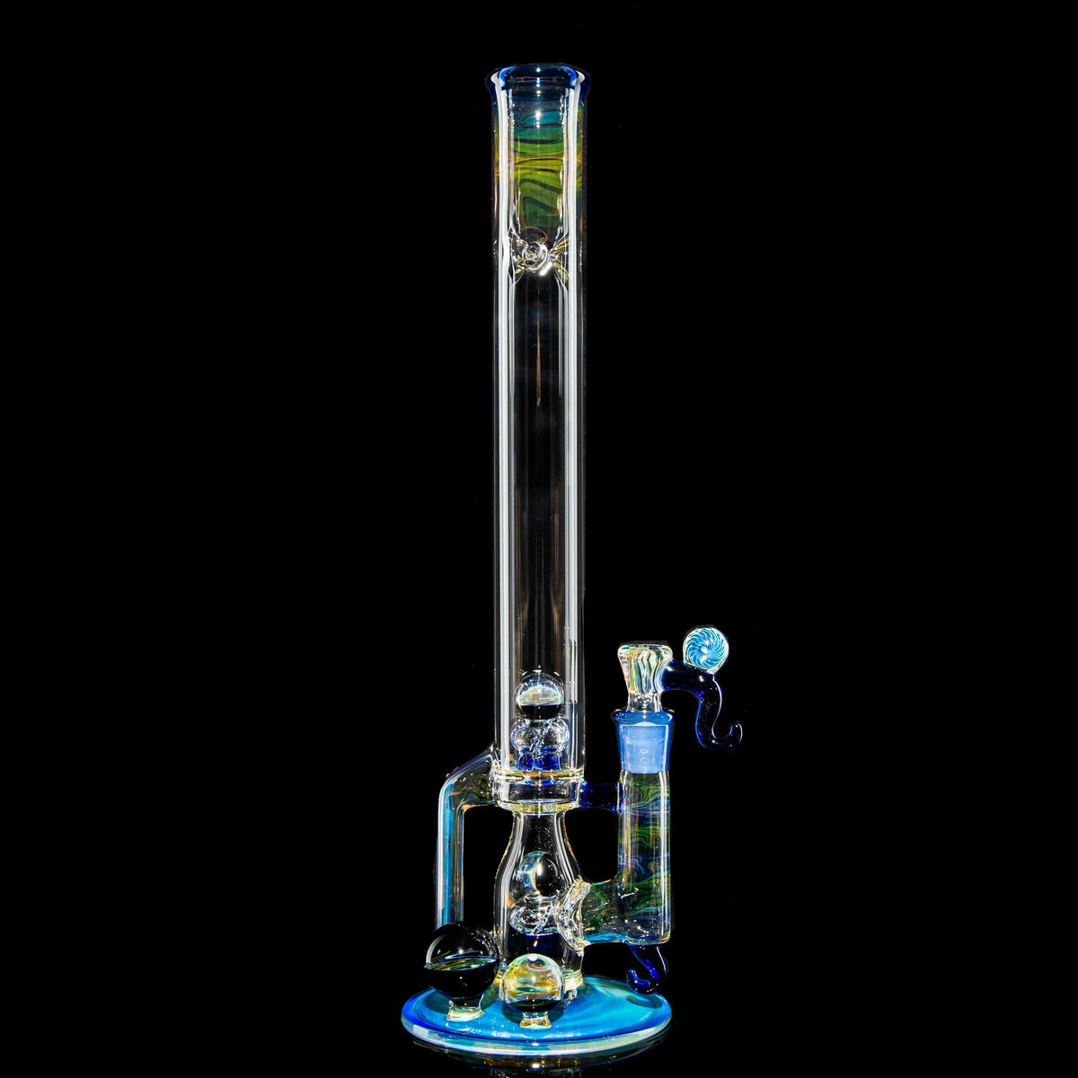 Heady glass water pipe with intricate blue and clear accents on a black background.