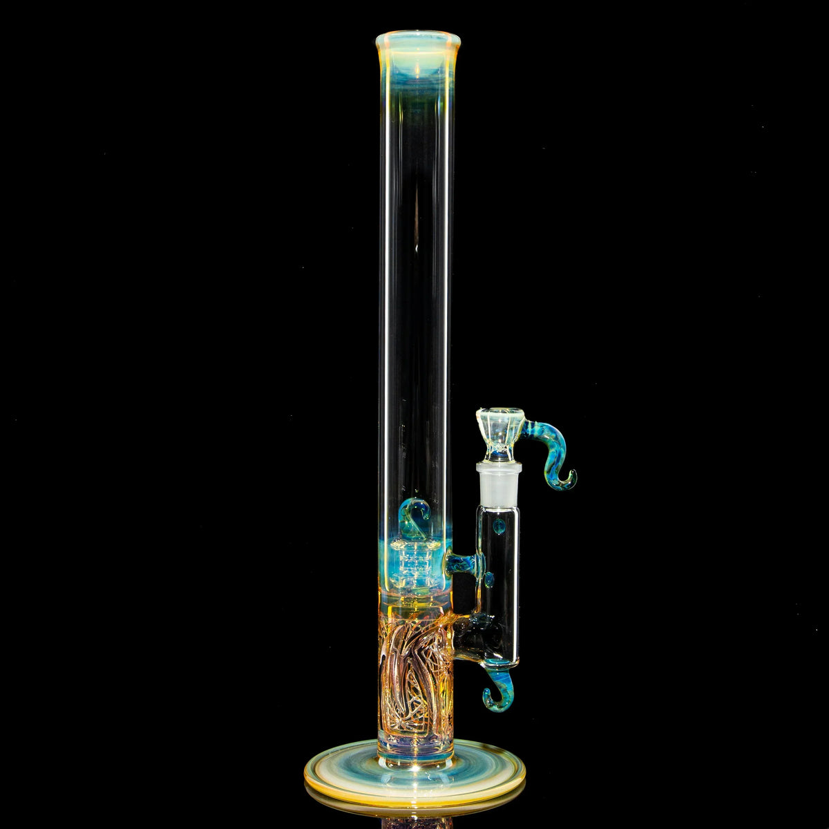 Heady glass bong with intricate swirling designs and blue accents, displayed on black background