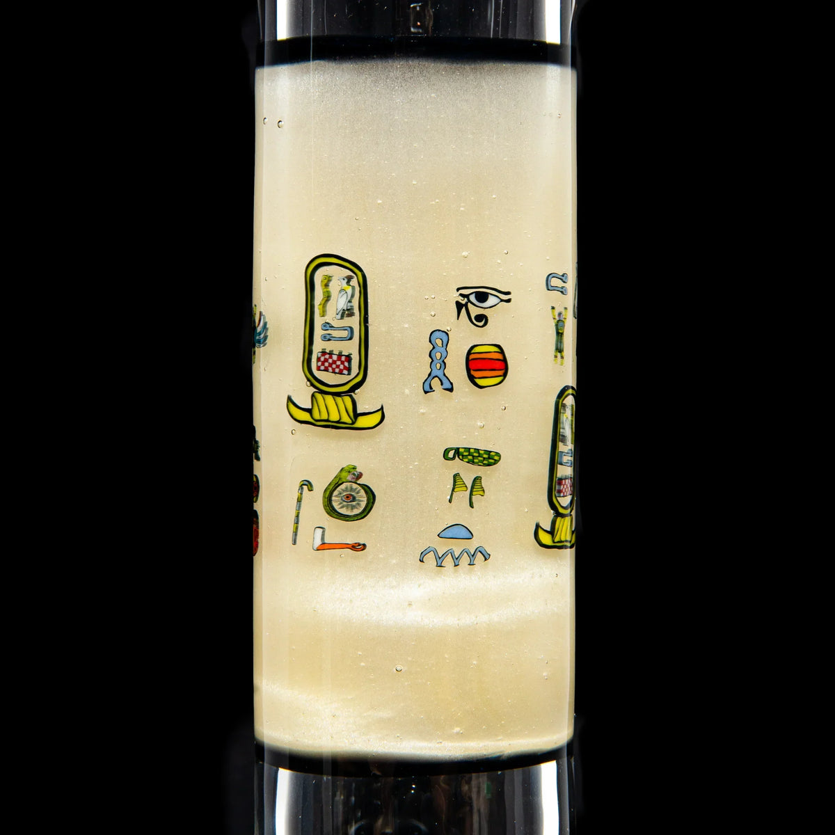 Glass bong tube with Egyptian hieroglyphic designs on a cream background