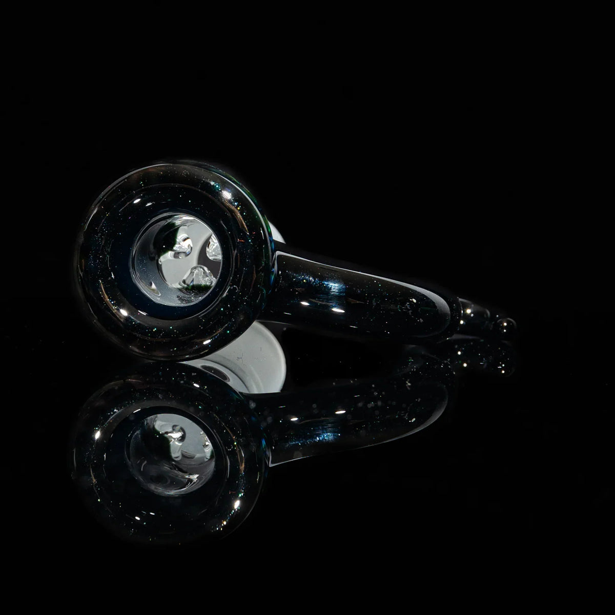 Hand-blown glass pipe with deep bowl and reflective finish on black background