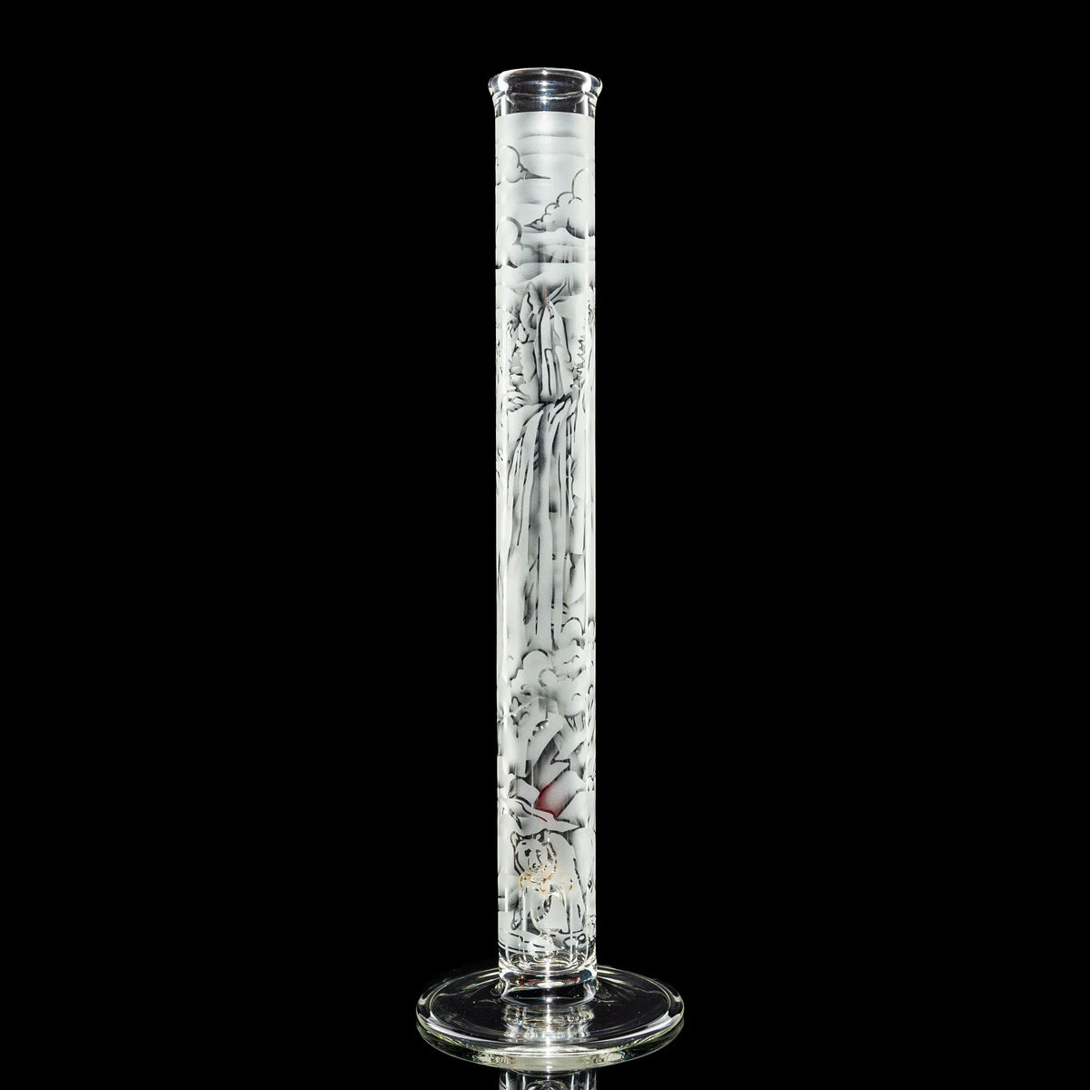 Tall glass water pipe with etched landscape design featuring a waterfall on black background