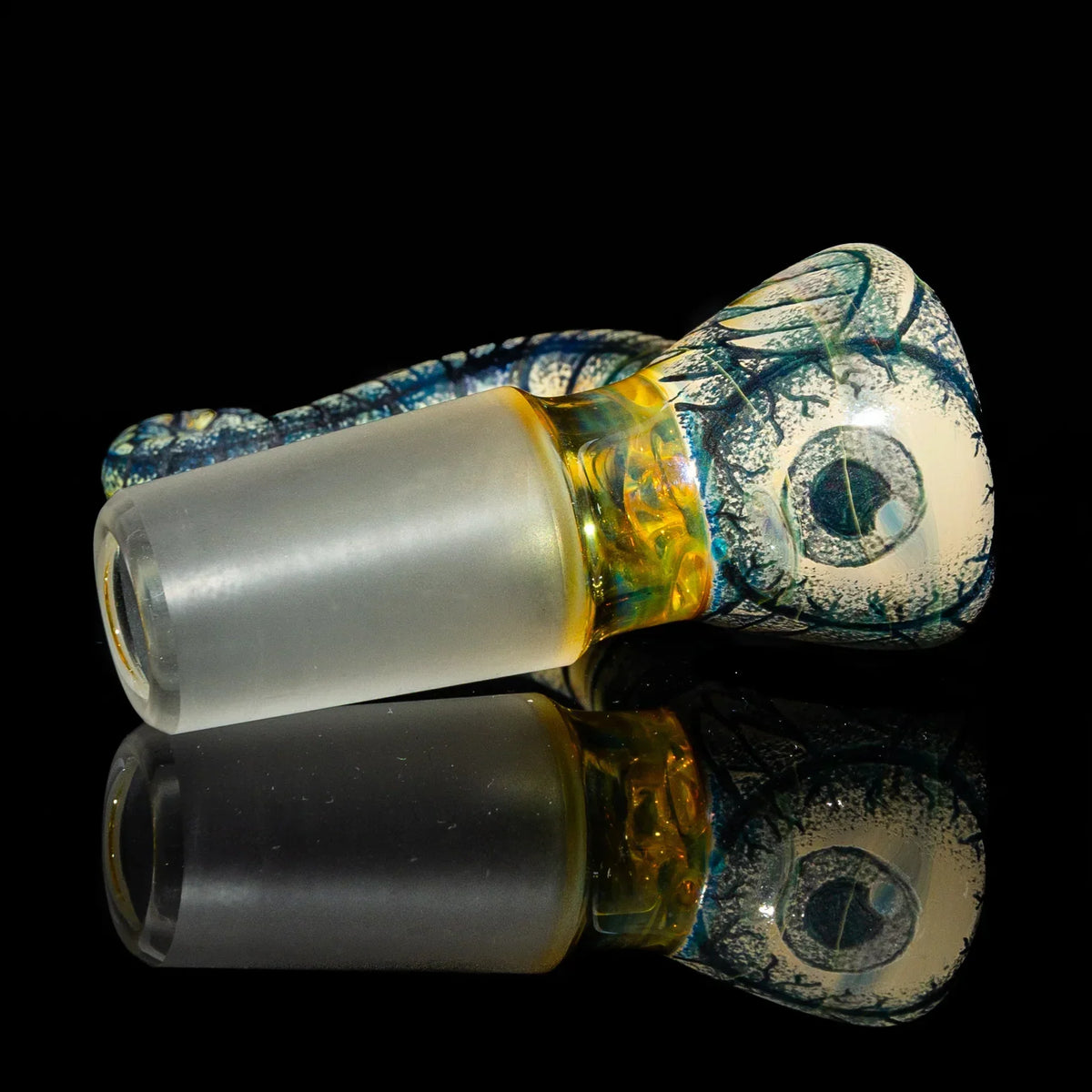 Hand-blown glass bowl slide with frosted joint and detailed reptile eye design