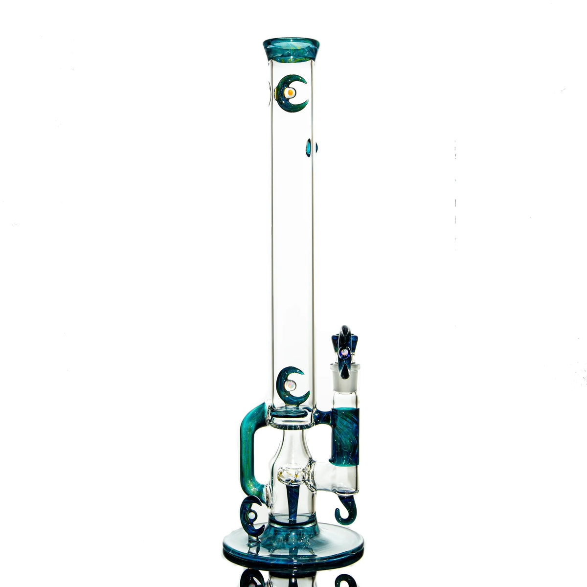 Tall glass water pipe with blue crescent moon accents and unique artistic design