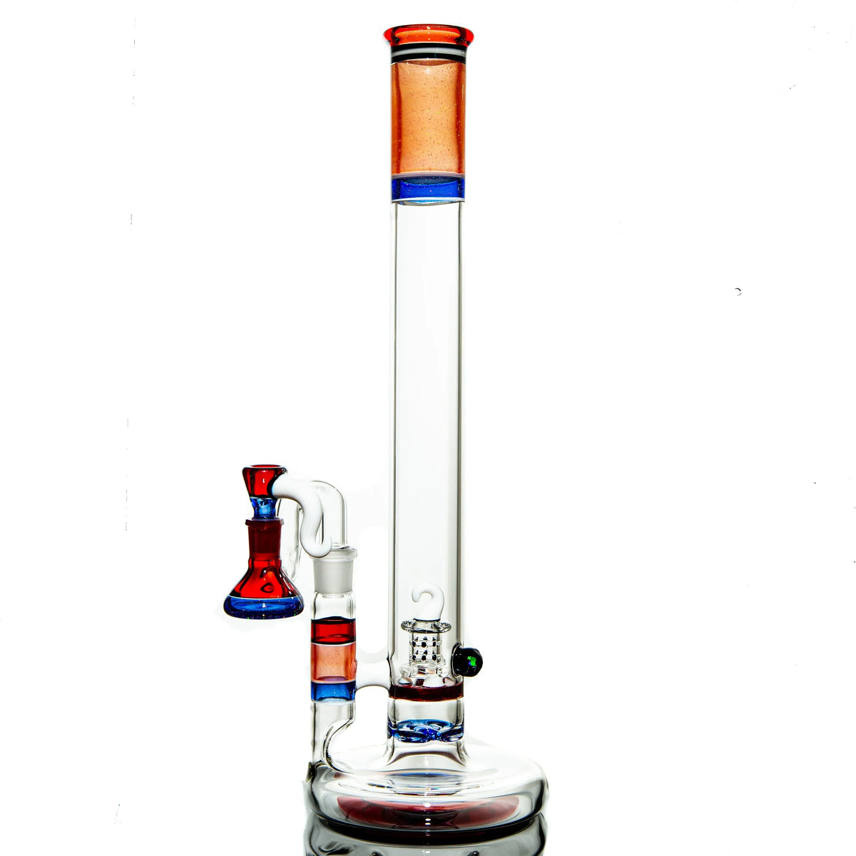 Clear glass water pipe with red and blue accents, percolator, on white background