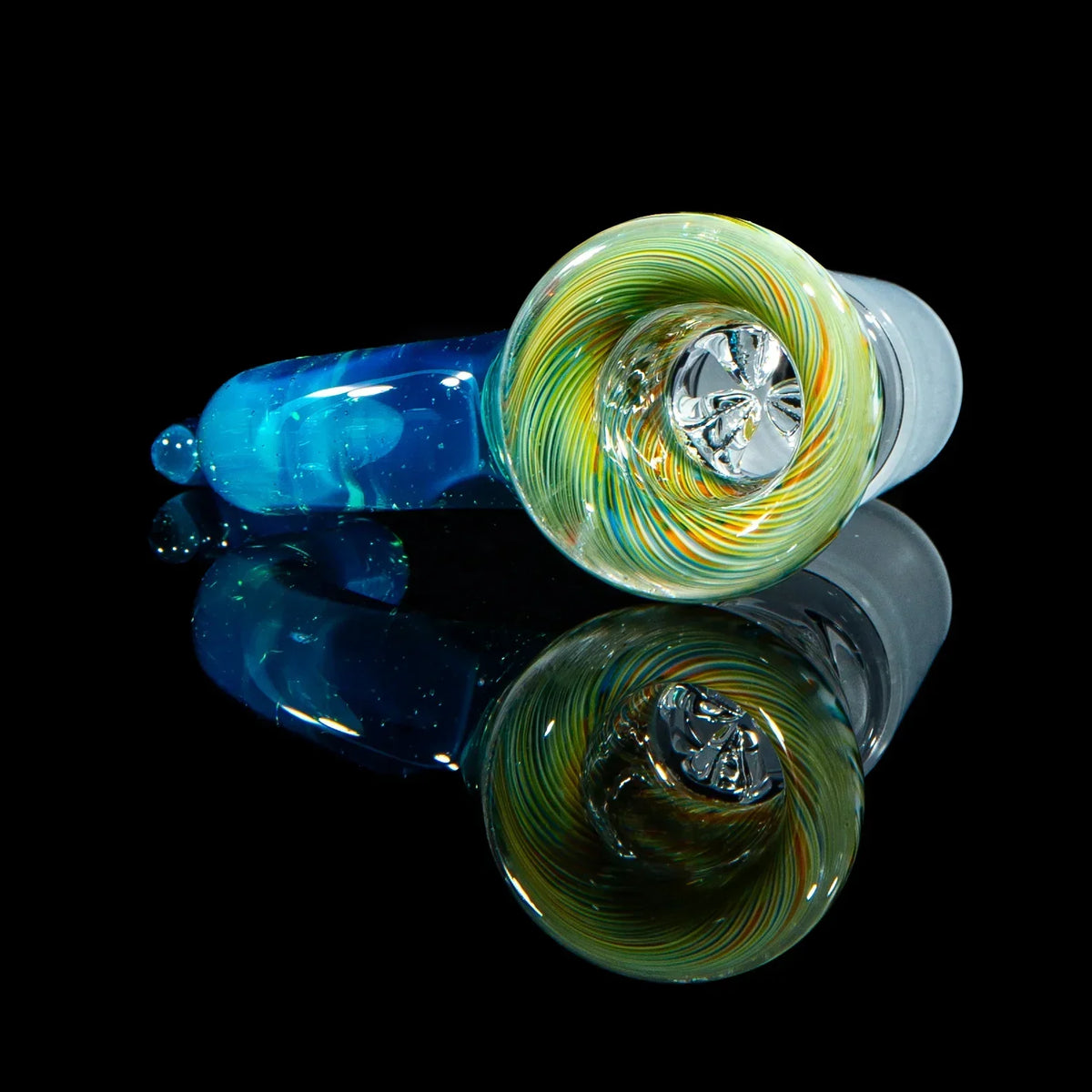 Colorful glass bowl with swirl design, blue handle, for water pipe or bong on black background