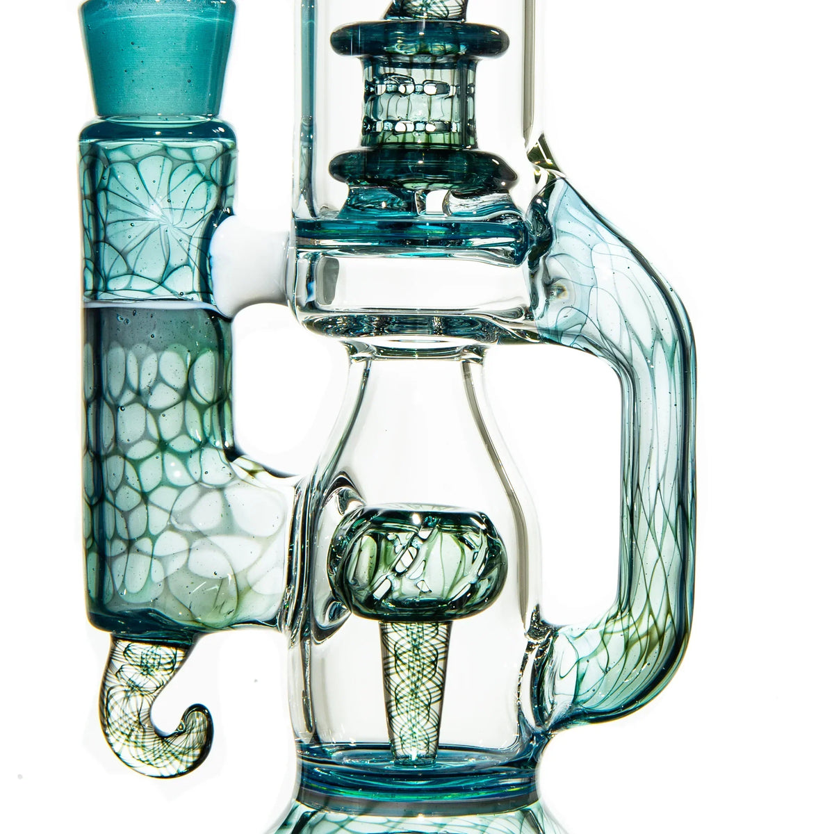 Intricate blown glass water pipe with blue and green patterns, detailed percolator design