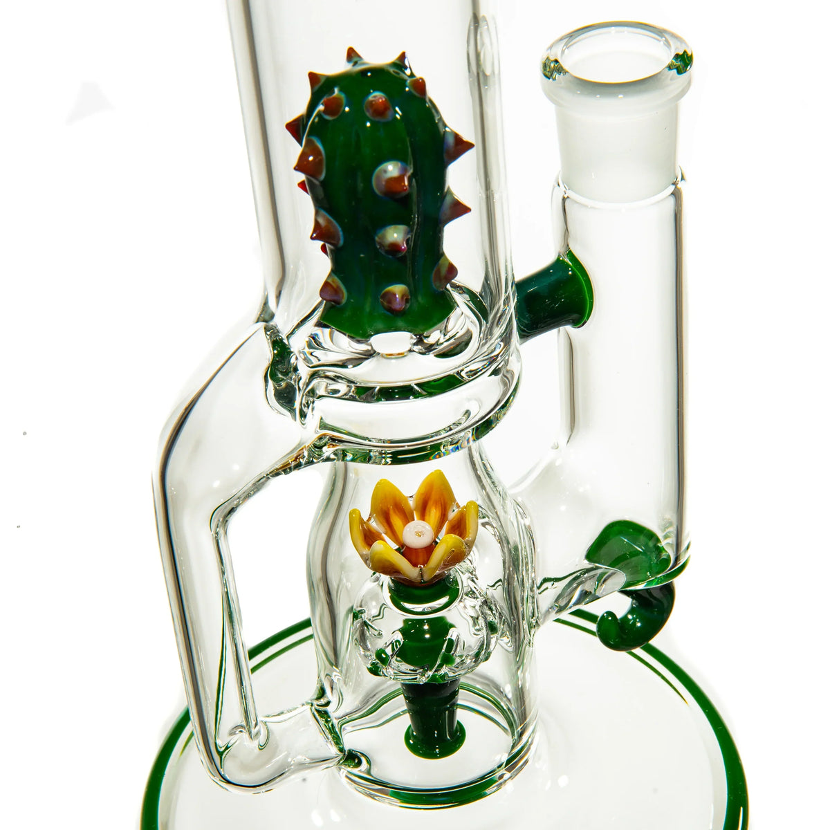 Clear glass water pipe featuring a cactus and flower design with green accents