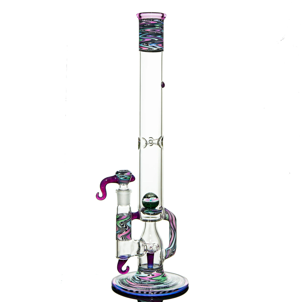 Colorful glass water pipe with intricate swirled patterns and purple accents